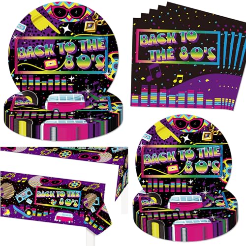 Letromp 80s Party Supplies - Retro Multi & Purple Paper Plates, Napkins & Tablecloth for 80's, I Love 80s, Hip Hop & Funny 1980's Parties