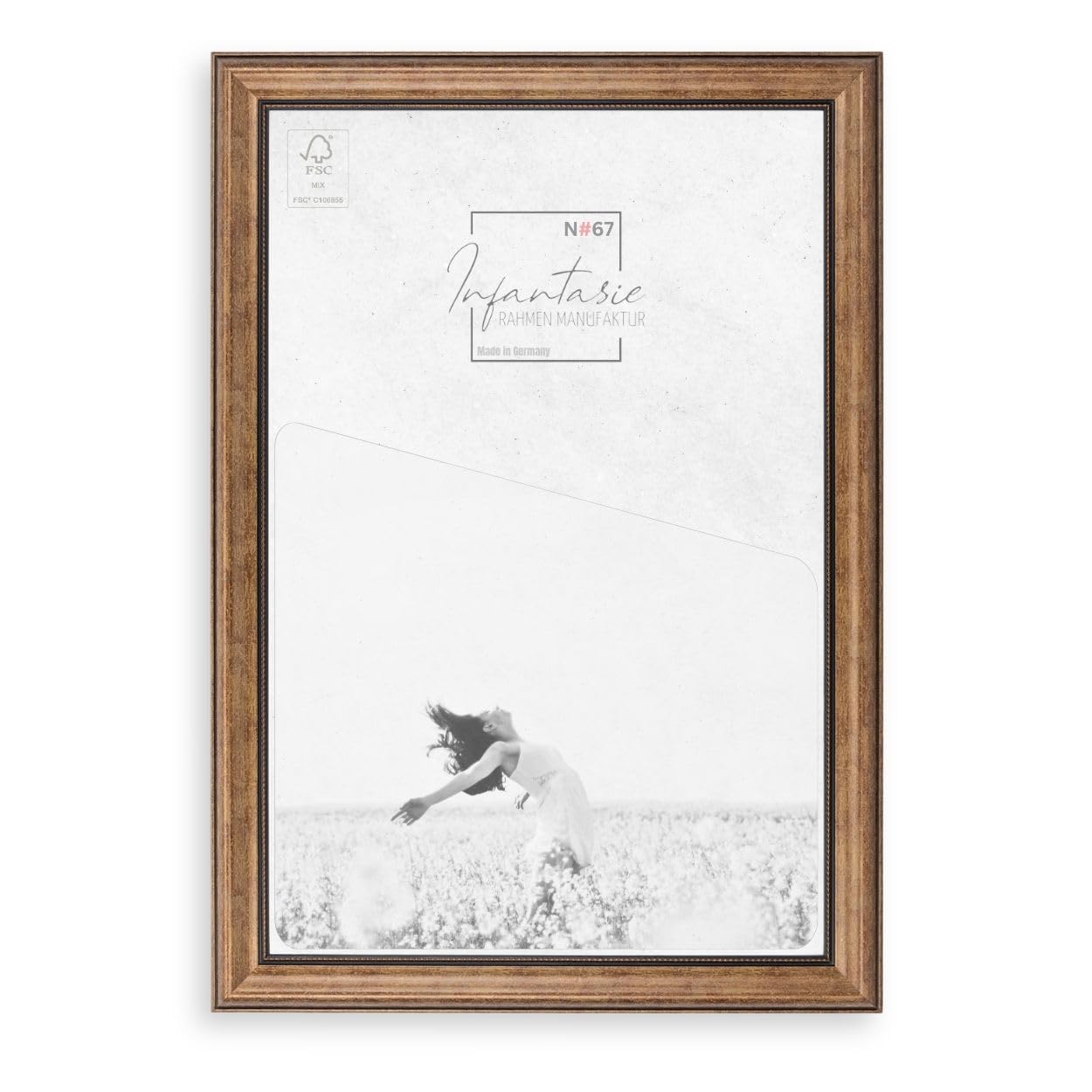 N°67 Barock Bilderrahmen 50x70 cm Bildmaß, Braun, Massivholz | breite Echtholz-Profilleiste, Acrylglas glasklar & bruchsicher, Vintage-Stil, HDF-Rückwand, Metallaufhänger, handgefertigt