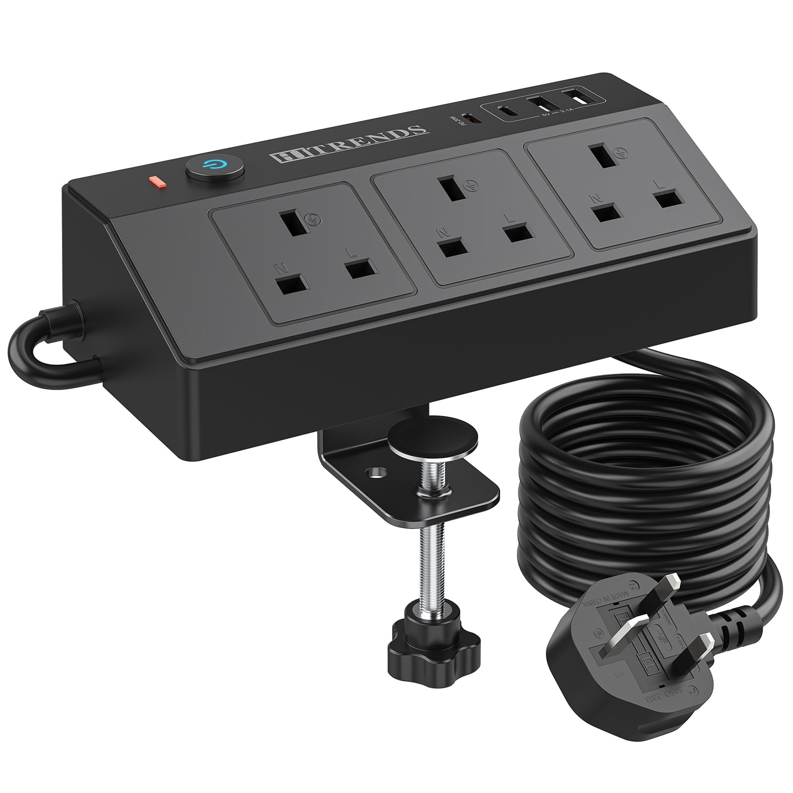 HITRENDS Desk Power Socket with USB C PD20W, Power Strip 3 Sockets with 4 USB Extension Lead 2M with Surge Protection with Removable Clamp Multi Plug Extender for Home Office (Black) — image 1