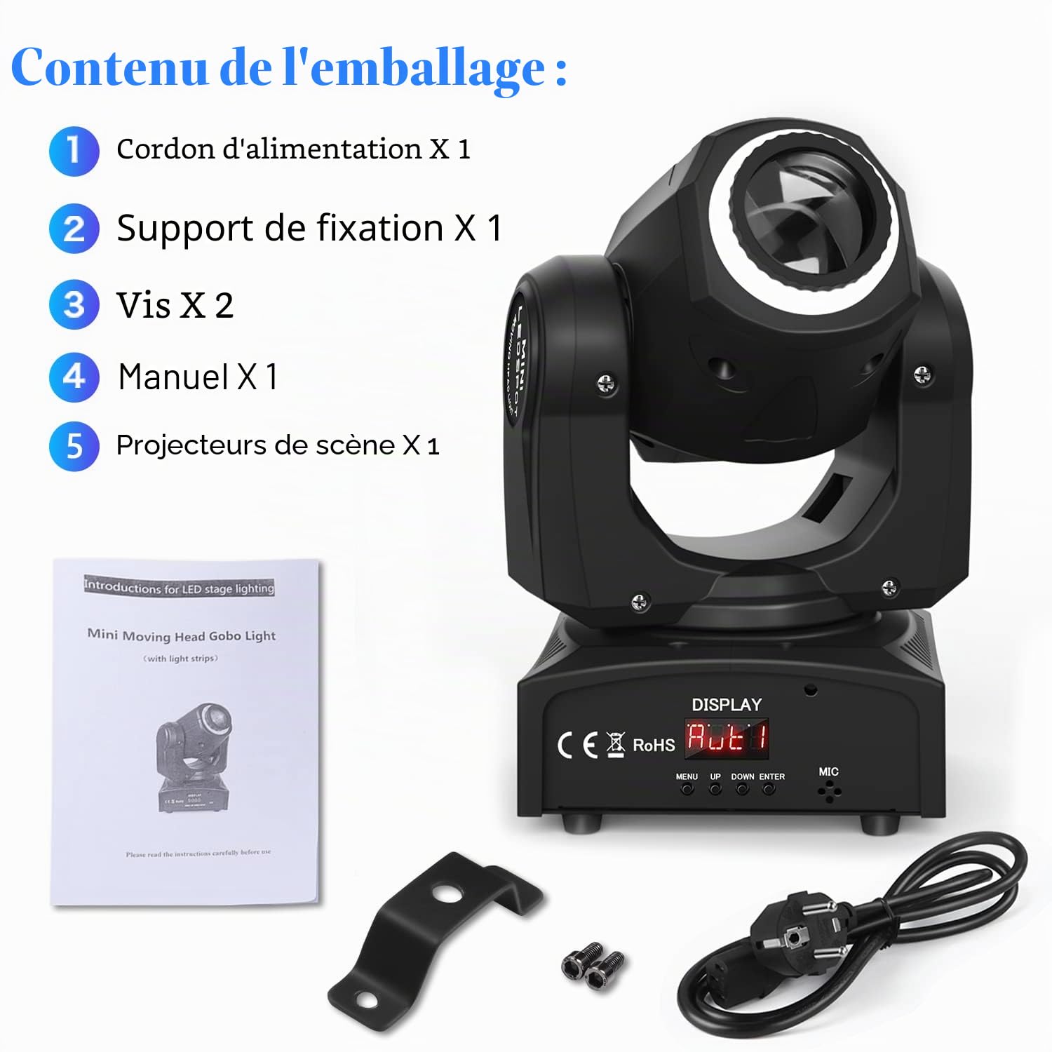 UKing 50W Lumière de Scène Mobile,Lyre LED avec 8 Motifs 8 Couleurs, Gobo Projecteur,10/12 Canaux DMX,Moving Head pour Bar, Club