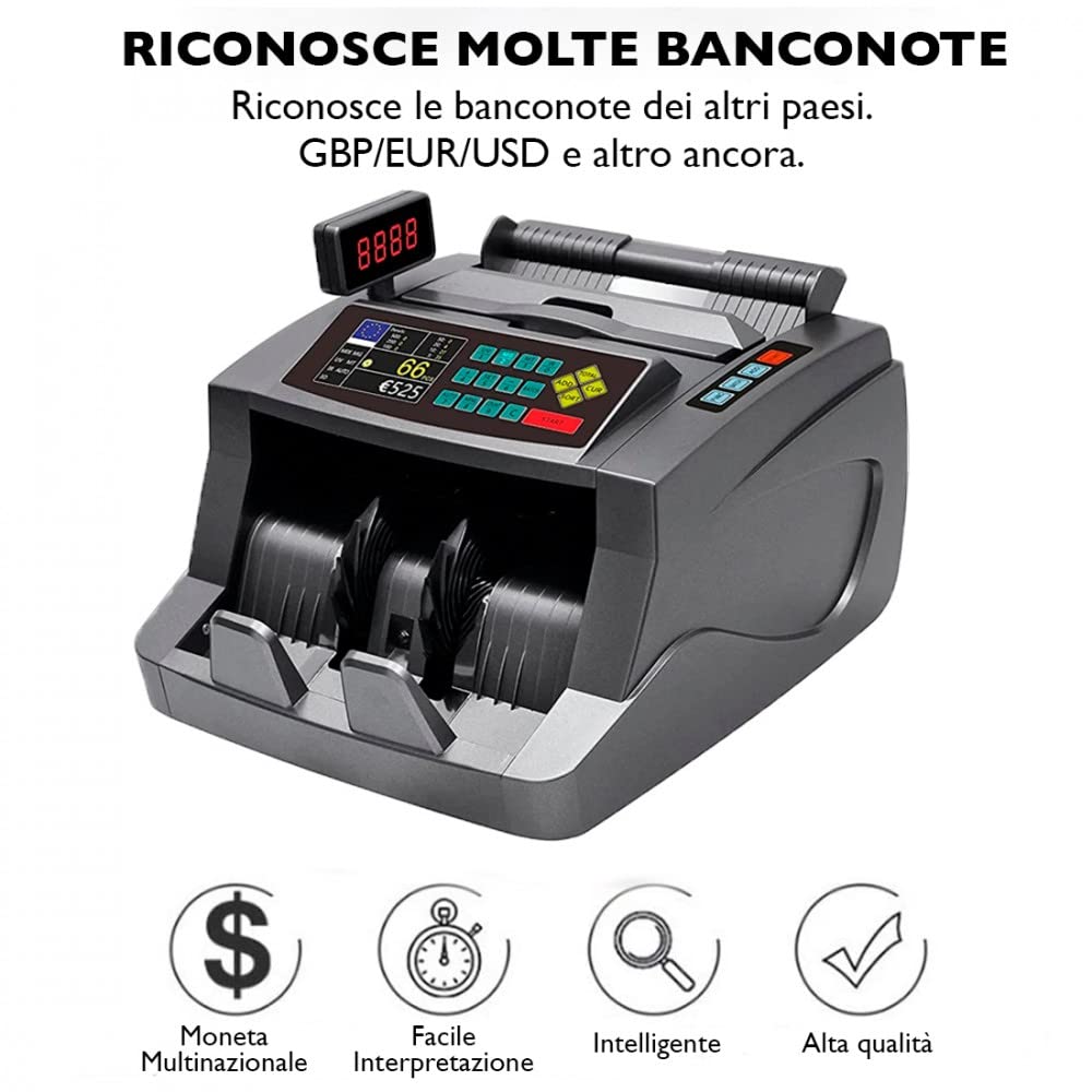 Mediawave Store - Macchina Conta Banconote Automatico, Multi Valuta, Rivelatore di Banconote False, Conteggio da 800 a 1200 Banconote al minuto, Conta Denaro con Display