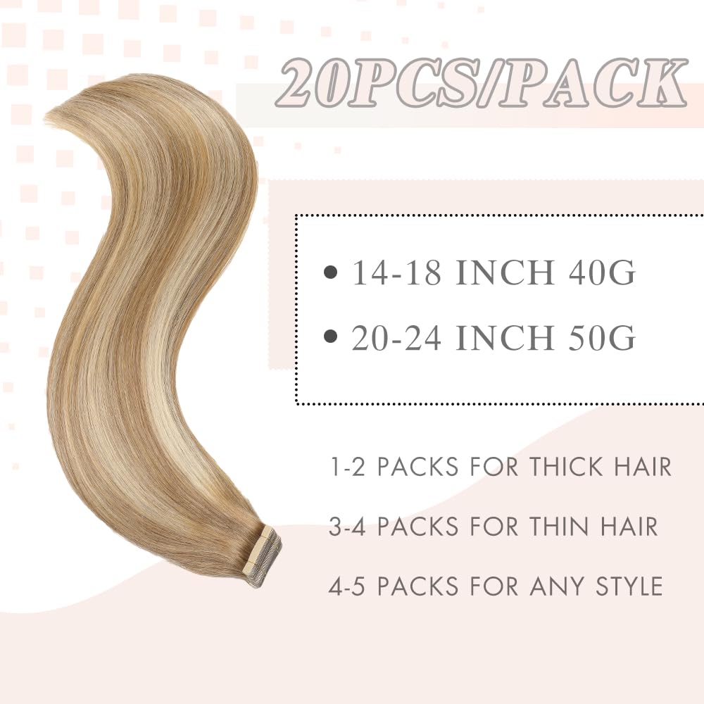Tape in Hair Extensions Human Hair 24 Inch Balayage Medium Brown Mixed Dark Blonde Double Sided Tape for Skin Weft Hair Extension Invisible Tape in Hair Extensions Straight 20pcs (10/10/22#,24 Inch)