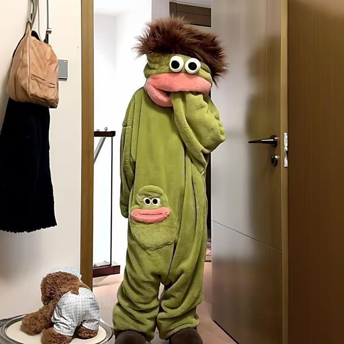 EHOTER Silly Combinaison pyjama unisexe à capuche en peluche ultra douce pour adulte - Vêtement d'intérieur vert - Monstre amusant à grande bouche - Vêtement d'intérieur pour soirées cinéma, famille