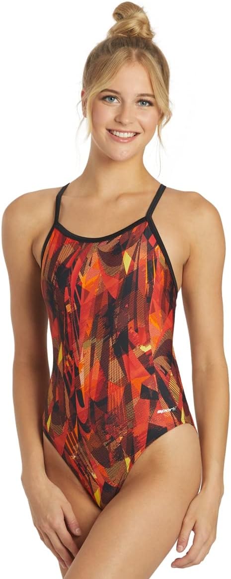 Sporti Thin Strap Athletic One Piece Swimsuit for Women - Multi Limited Printed Pattern - Bathing Swimsuit for Competiton