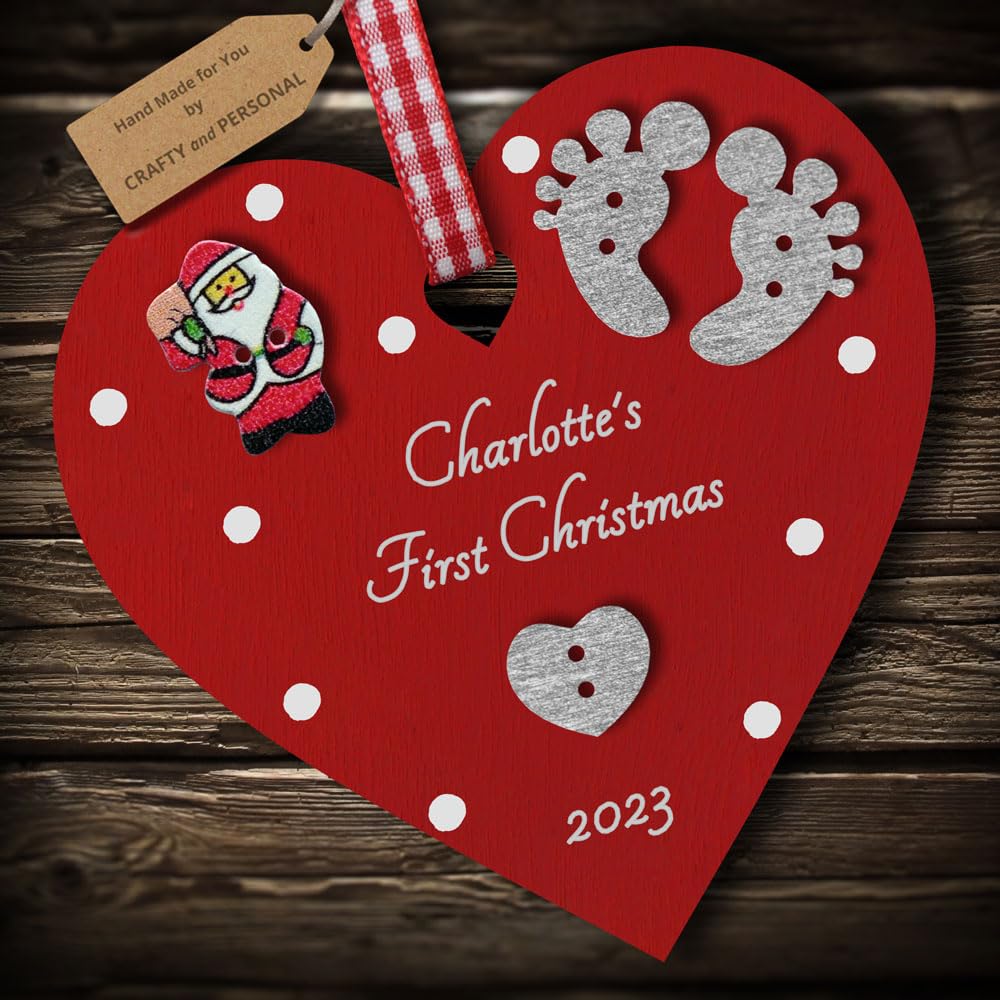 Multi-Colour Personalised Baby's First 1st Christmas Bauble tree decoration wooden heart hanging ornament keepsake gift for boy or girl (Deep Red #2)