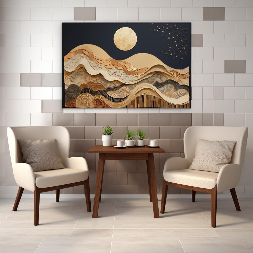 Canvas for Living Room. Illuminating Elegance: Golden Moonlight Over Waves of Altitude, 27 x 18 inch Canvas Wall Art - Contemporary Masterpieces - Modern Home Decor