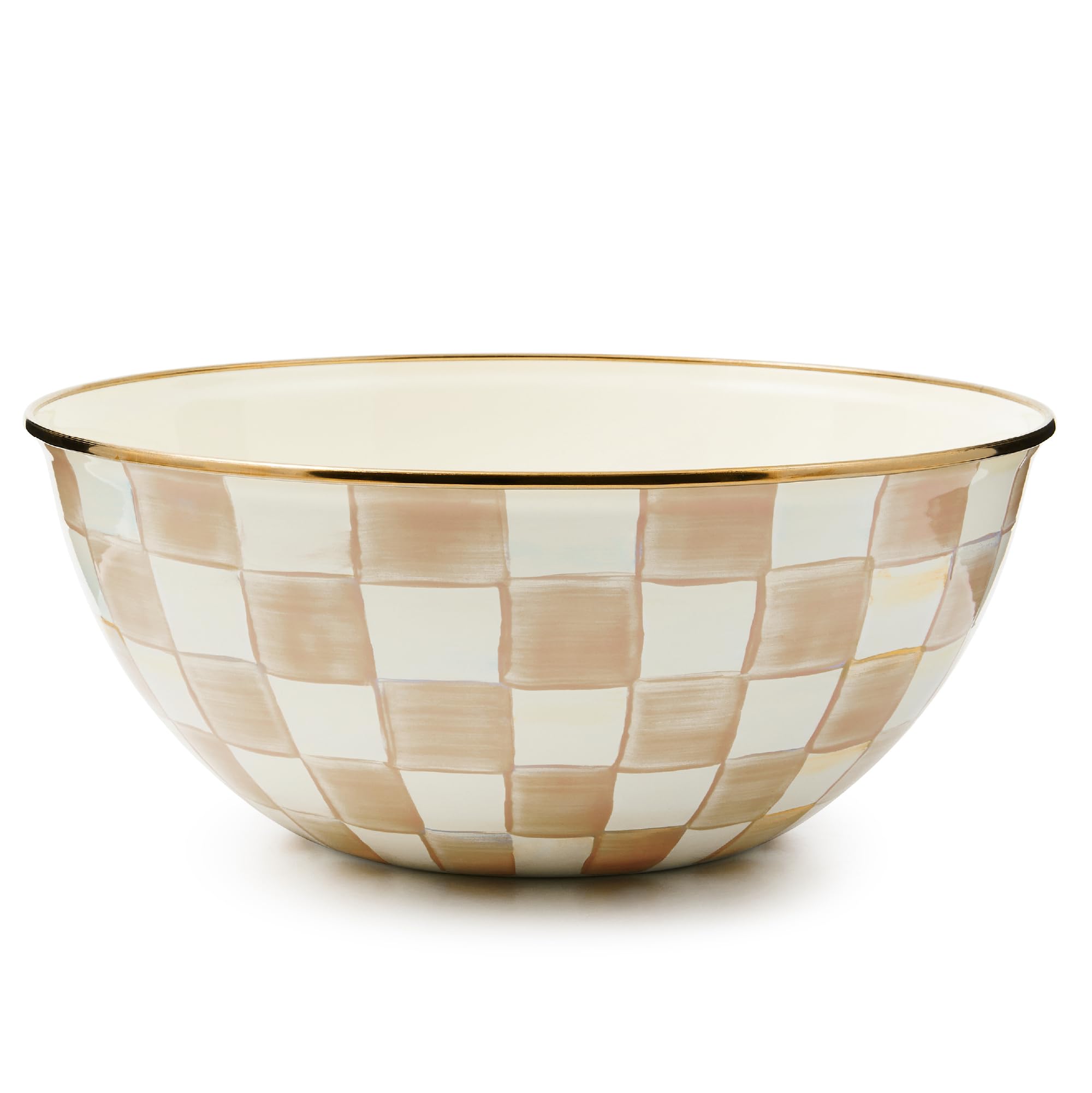 MACKENZIE-CHILDS Enamel Everyday Bowl, Serving Bowl for Entertaining, Large, Brown-and-White Mocha Check