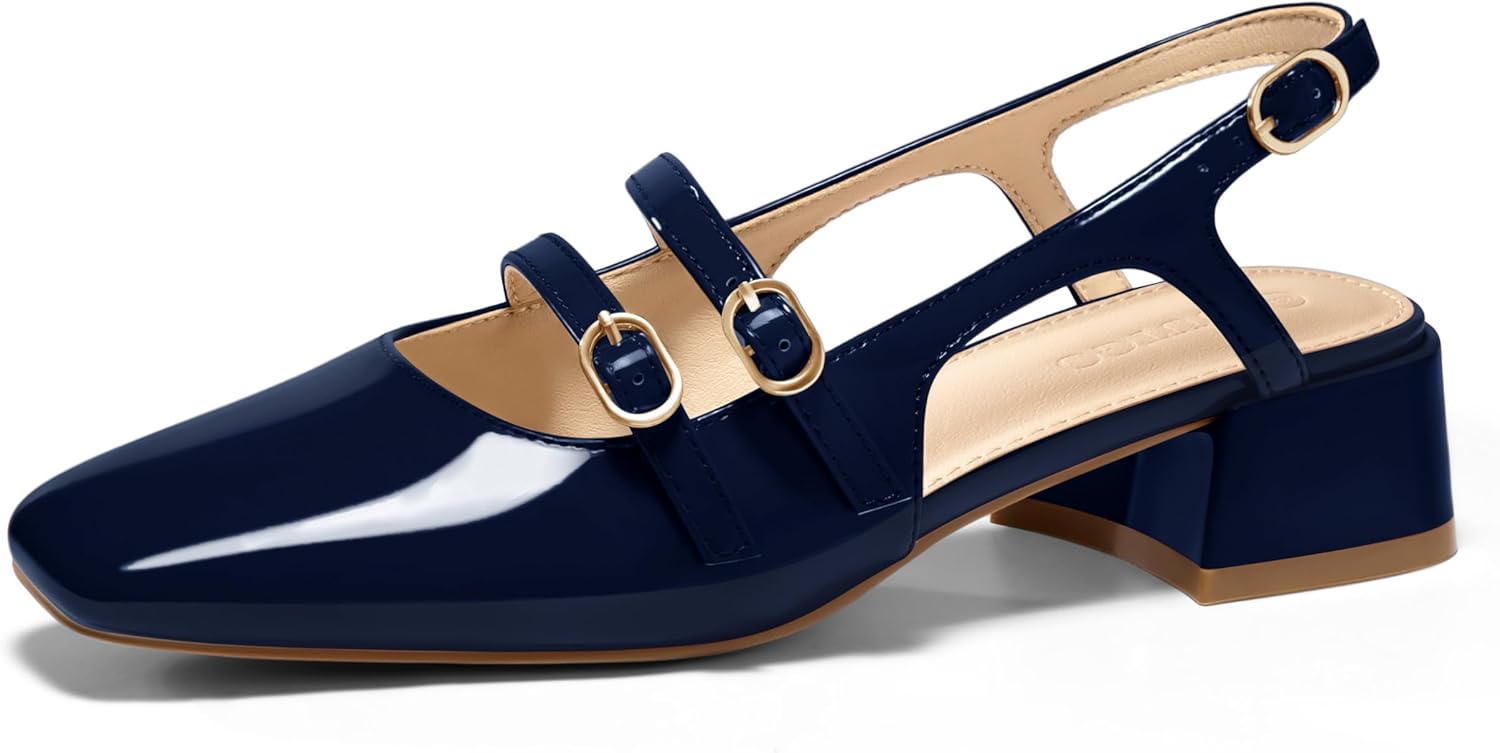 Coutgo Women's Mary Jane Chunky Low Heels Slingback Pumps Closed Square Toe Wedding Dress Shoes