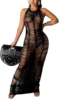 Women Sexy Halter Sleeveless Mesh See Through Crochet Maxi Long Dress Backless Knitted Beach Bikini Swimsuit Cover Ups