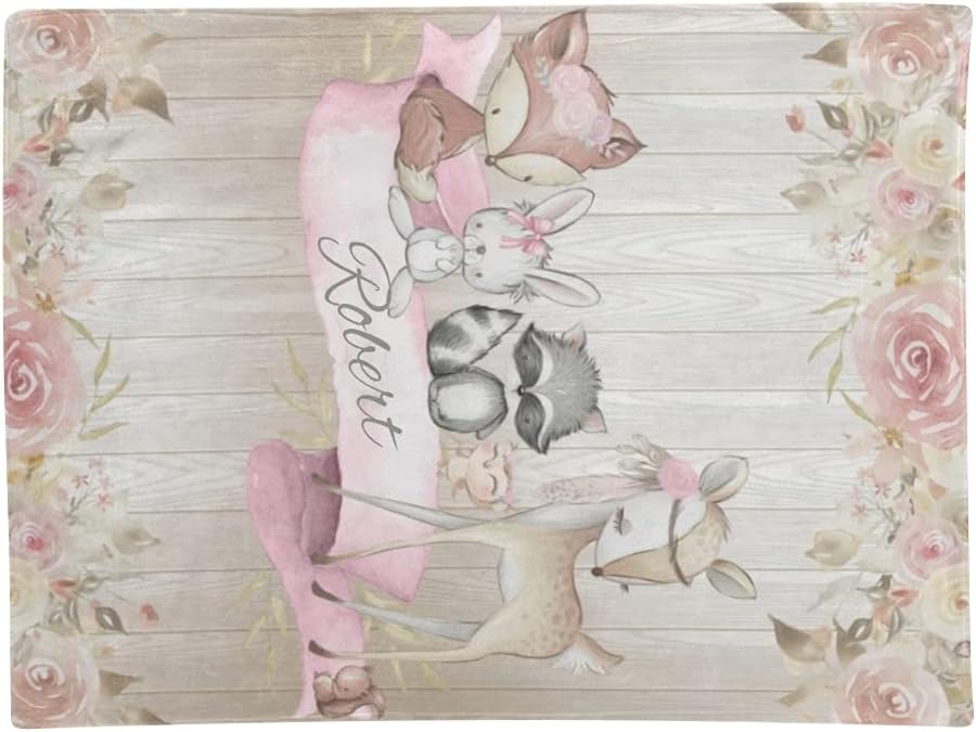 Animal Deer Fox Baby Baby Girl Blankets with Name Custom Personalized Baby Nursery Super Soft Fleece Blanket for Boy Girl Birthday 30x40 Inches