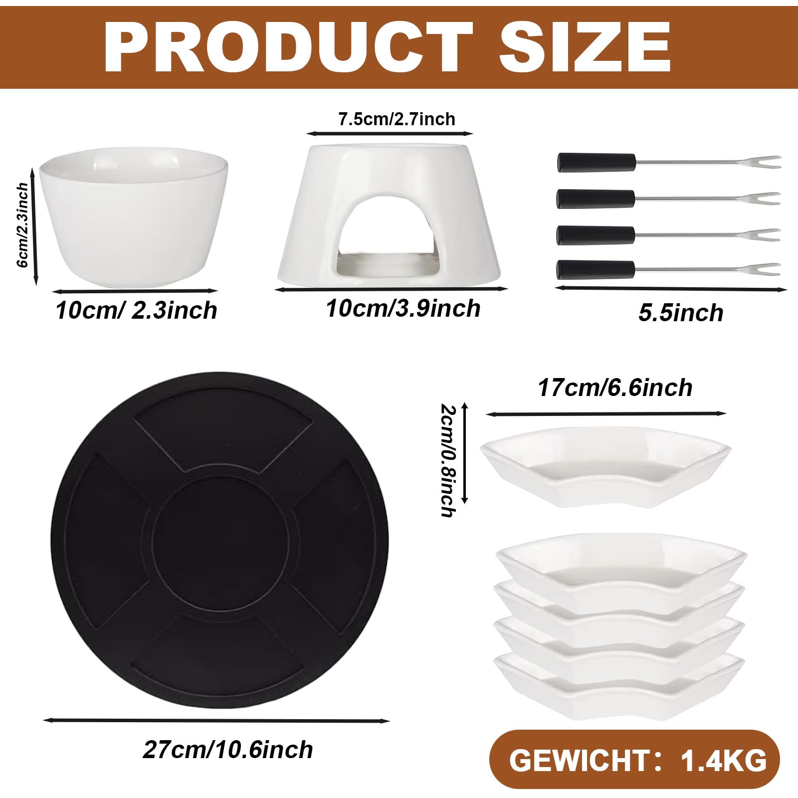 Ceramiczny zestaw do fondue czekoladowego, 300 ml, czekoladowe fondue z 4 talerzami ceramicznymi i 4 widelcami, podgrzewane jedną świecą, kolor biały, obracany czekoladowy fondue, zestaw