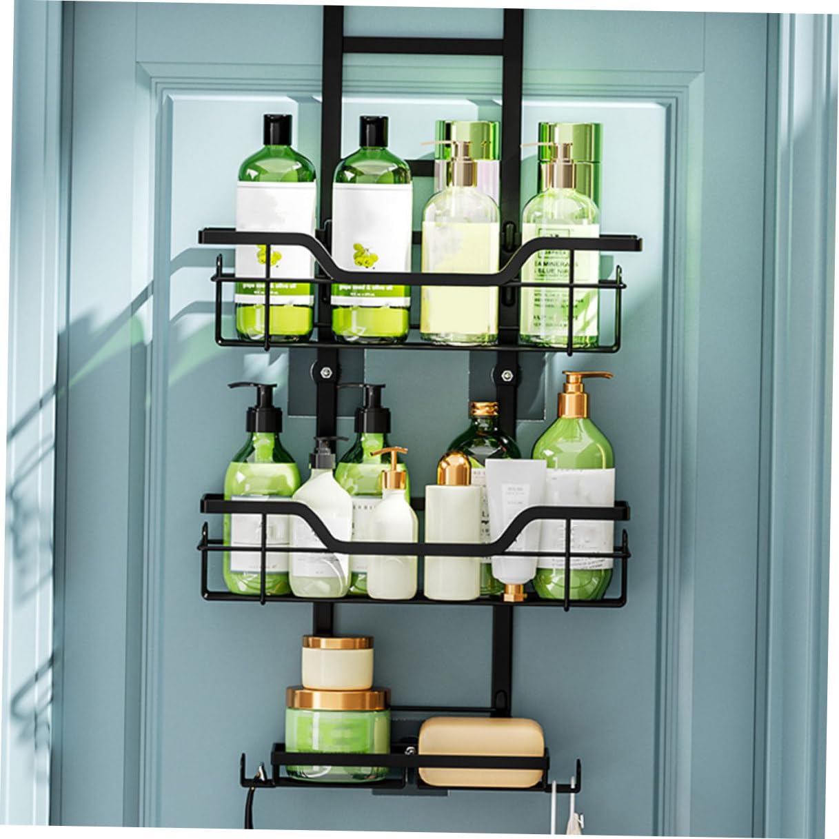 Toyvian Tür Hängeregal Metall Duschkorb Organizer Schwarz Mesh design für Bad Küche Büro Platzsparend und Rostfrei Vielseitige Aufbewahrung für Handtücher Shampoo Kosmetik