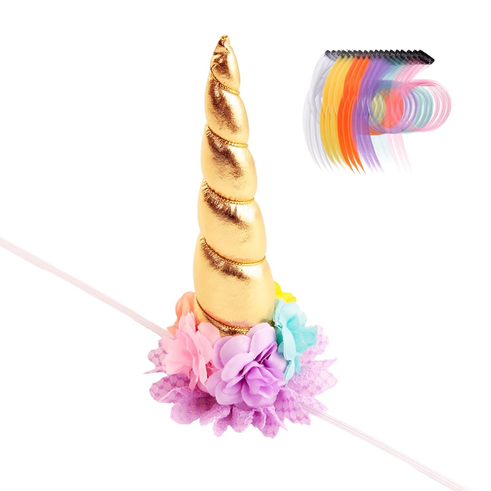 Nishine 8"x5" Long Floral Unicorn Horn Headband + 18 PCS Pony Mane Hair Tinsel for Making Your Horse a Unicorn Holloween Wedding Party Decor (Gold&Yellow) — image 1