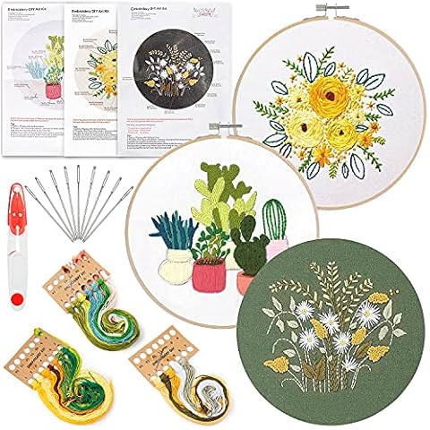 GuKKK Embroidery Starter Kit, 3 Pack Cross Stitch Set with Pattern and Instructions, 20cm Bamboo Embroidery Hoop, Embroidery kit with Botanical Pattern,Color Threads Tools Kit Cover