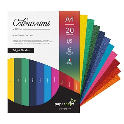 Colorissimi Card Stock 220GSM A4 Bright Shades Assorted Pack of 20 Sheets For Cardmaking, Mixedmedia, Papercrafts, Cutart, Diecutting, Stamping, Scrapbooking, Pastel Colouring and Arts & Crafts