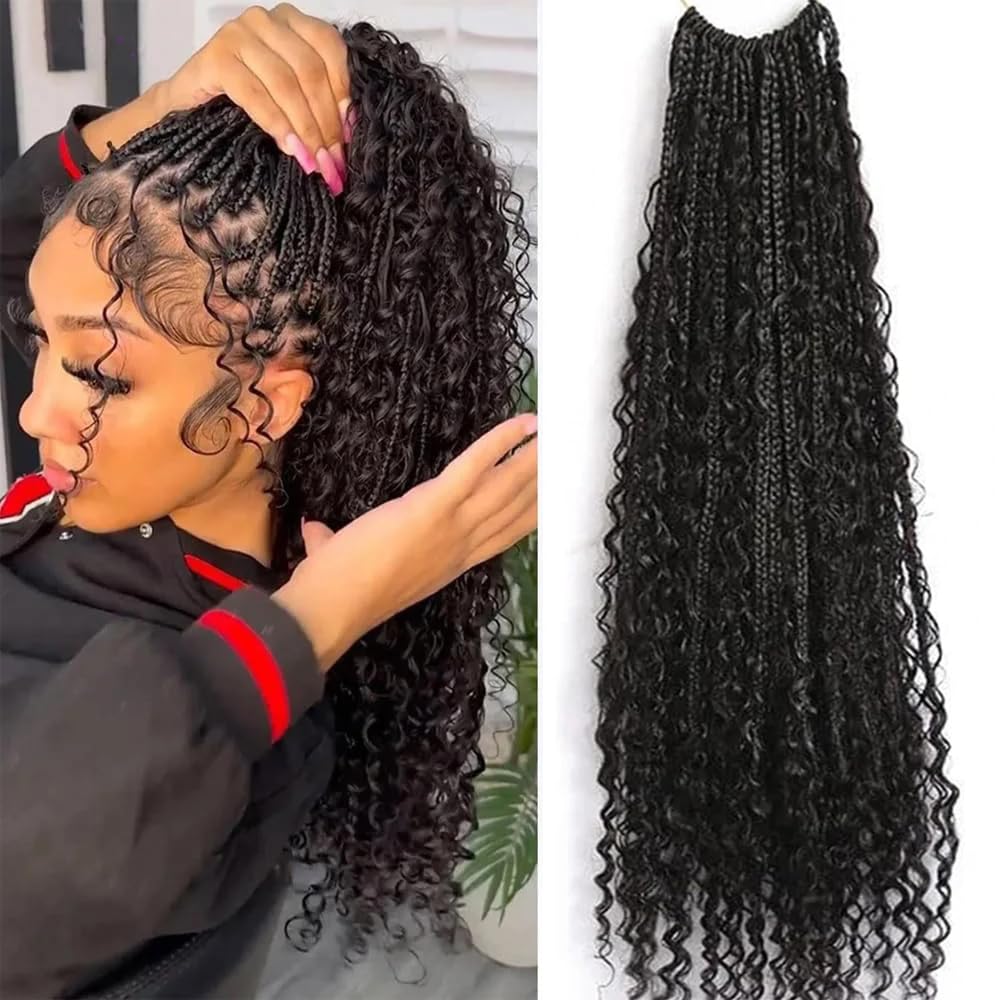 Crochet Boho Box Braids With Human Hair Pre Looped Hair Goddess Box Braids With Human Hair Curly Full Ends Hair Extensions For Women Natural Black