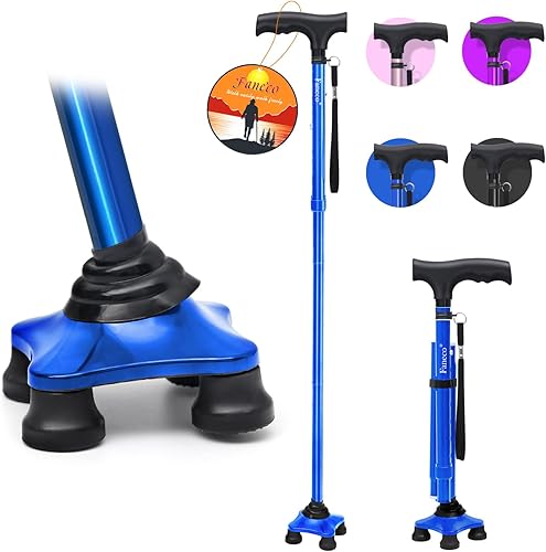 FANECO Bastón de caminar, bastón plegable para personas mayores, base cuádruple pivotante, bastón ligero y ajustable para hombres y mujeres