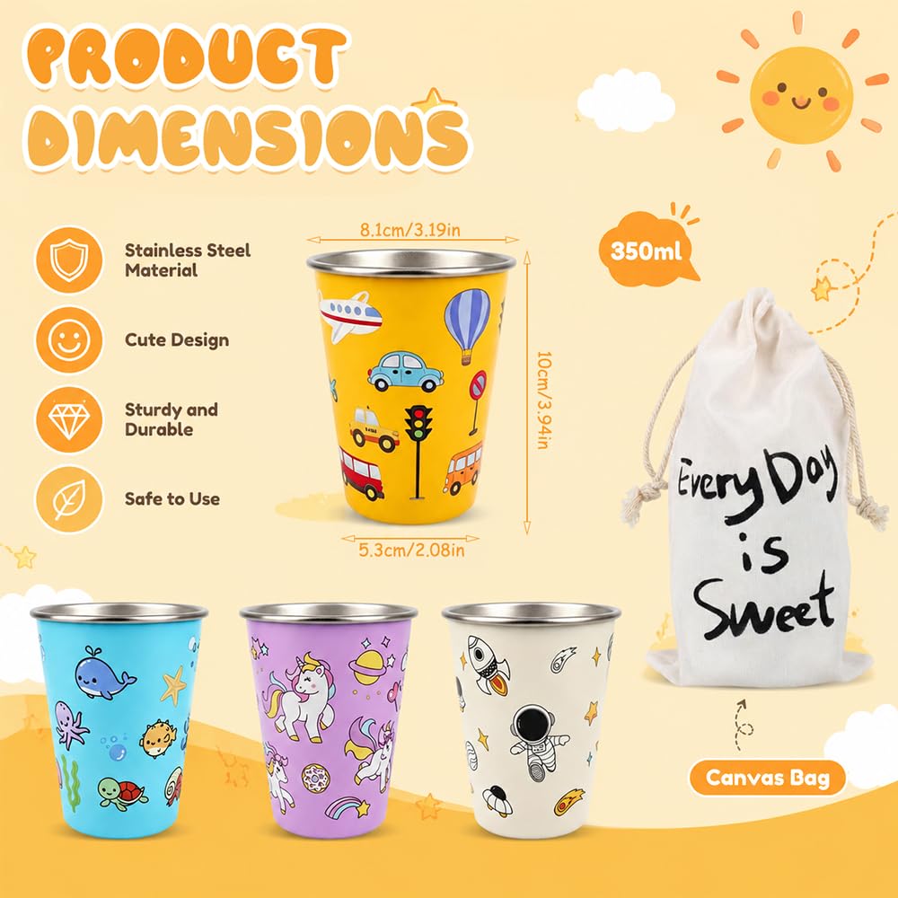 4 bicchieri per bambini in acciaio inox, 350 ml, in acciaio inox, robusti, 1 bicchiere in acciaio inox, per picnic e famiglie (blu, rosa, giallo, bianco)