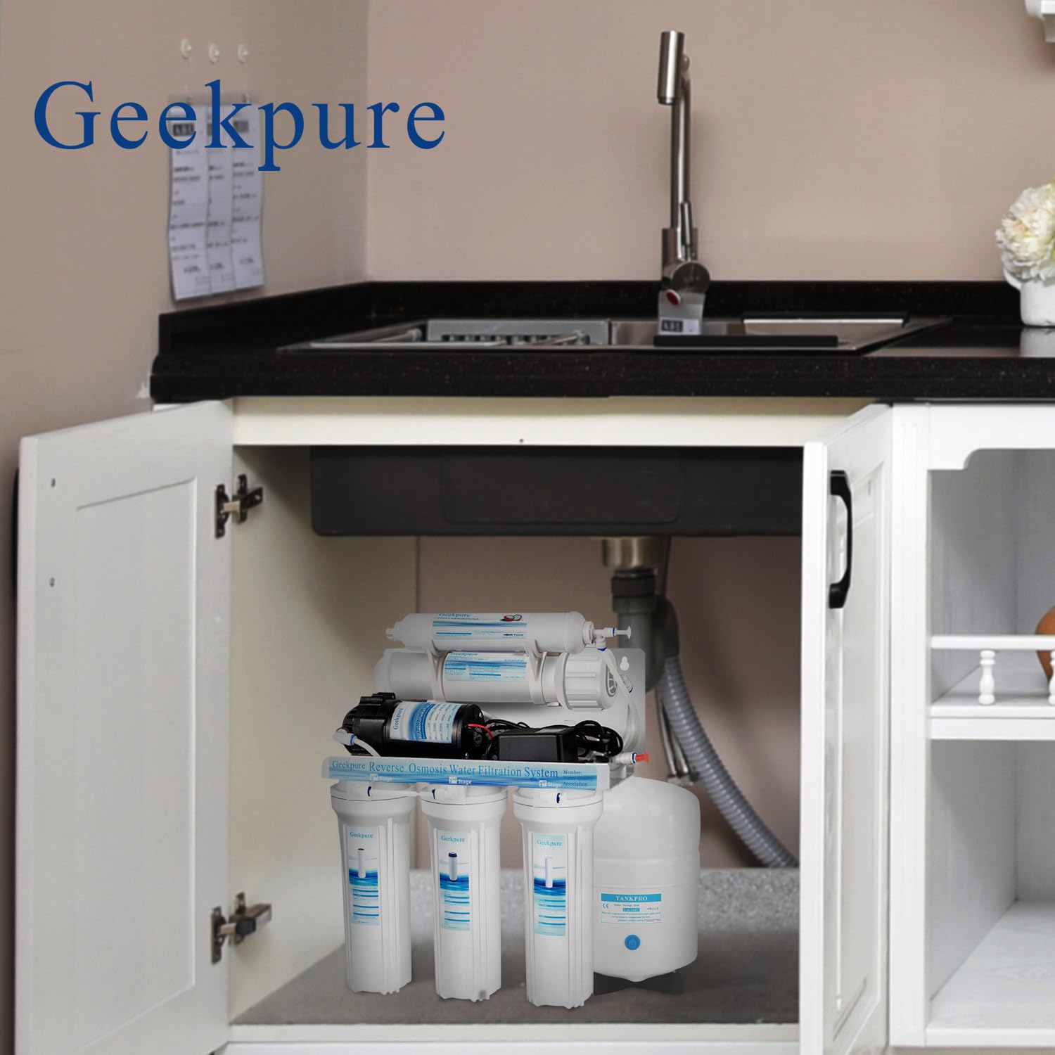 Geekpure Sistema de filtro de agua ósmosis inversa 5 etapas con bomba refuerzo y 4 filtros adicionales-75GPD | Purificador de agua debajo del fregadero con bomba de refuerzo y 4 filtros adicionales
