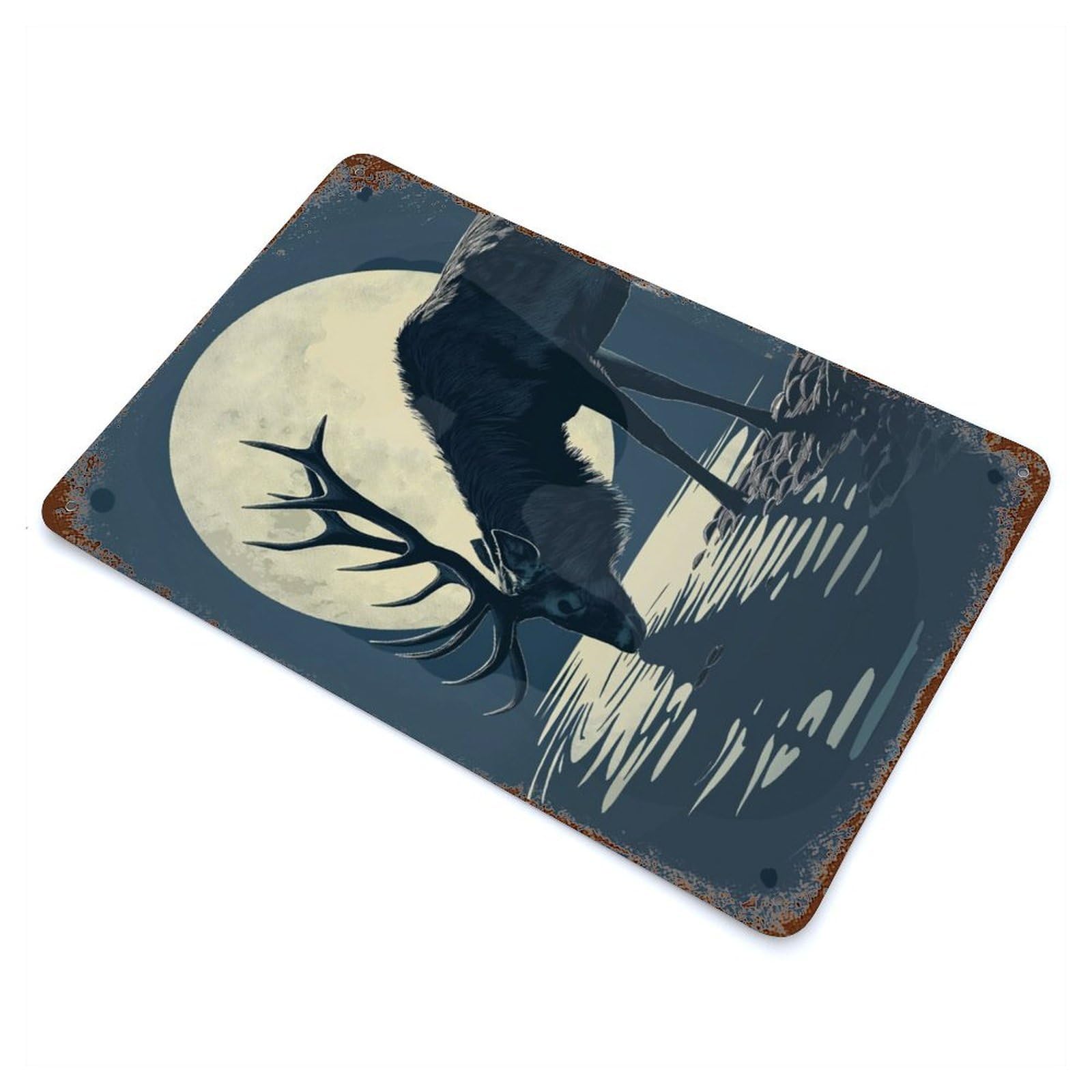 Deer Drink Water Moonlight Rustic Tin Plaque 11.8"x7.9", for Shed, Workshop And Garage Wall Decor, Rustic Home Decor