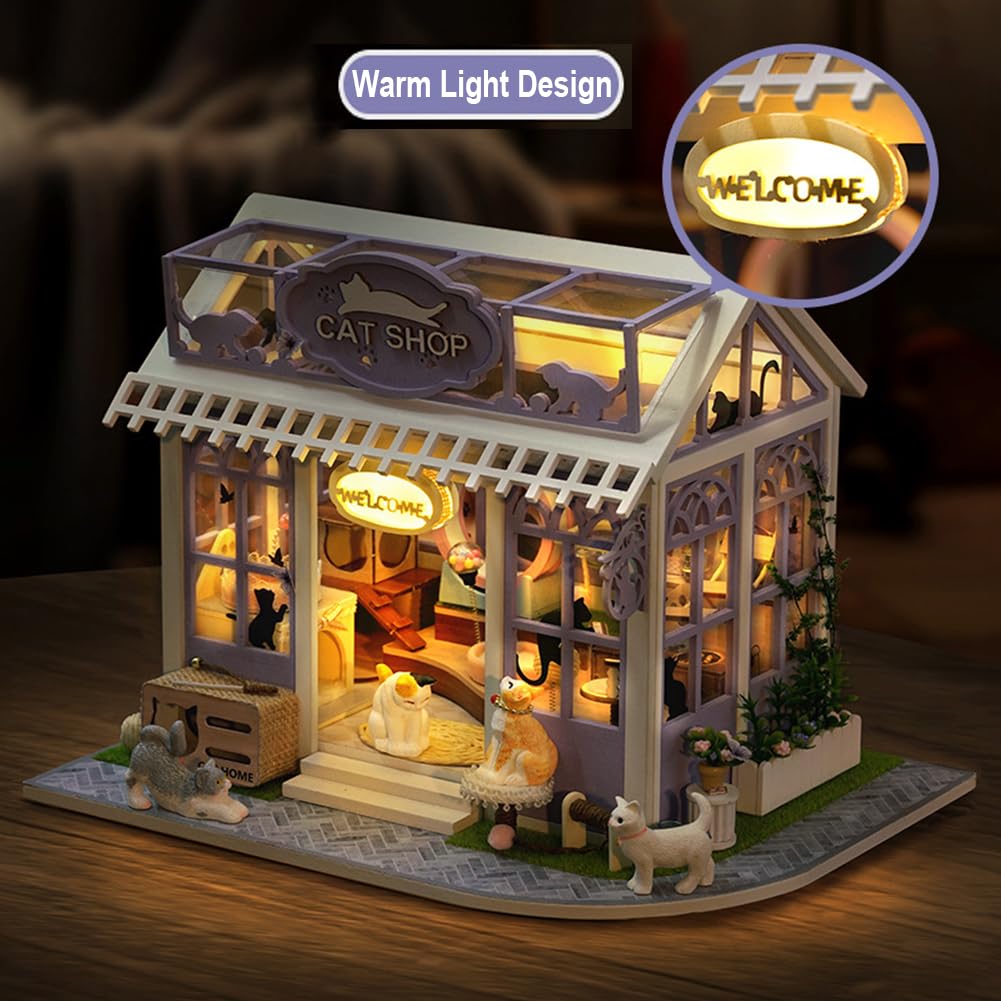Cjeuxnr Miniature Vintage Magic Coffee Shop Dollhouse kit, DIY Wooden Crafts Creative Room with Furniture and Dust Cover Handmade Set, Idea Gift for Adult Friend Lover (AC-001)