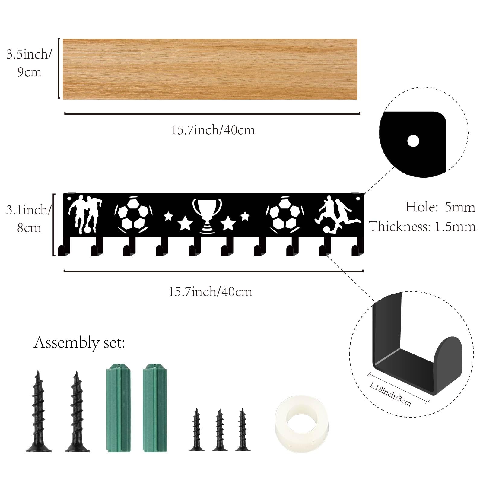 CREATCABIN Percha para Medallas de Fútbol con Estante para Trofeos, Soporte para Medallas, Soporte para Trofeos de Metal Negro, Organizador de Medallas, Estante para Premios con Bandeja de