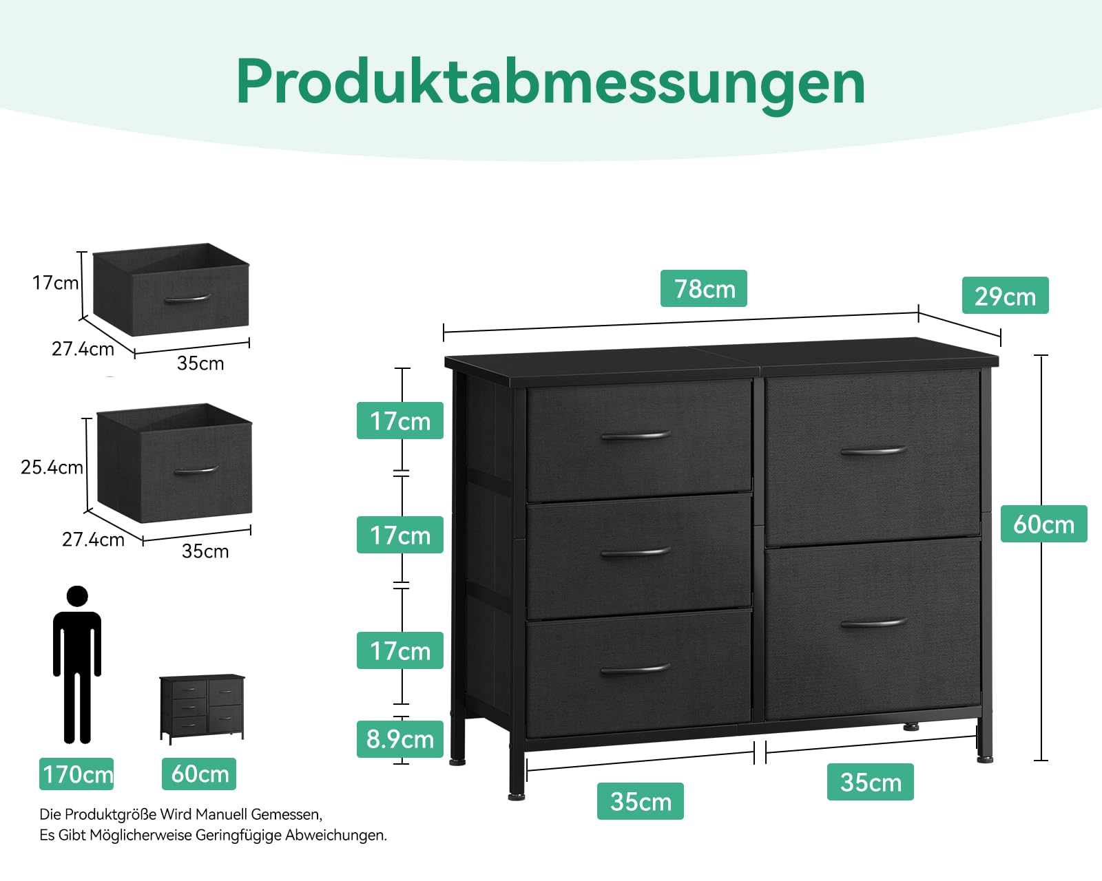 Coleshome Kommode mit 5 Stoffschubladen, Kommode mit Schubladen mit 2 Große und 3 Kleine, Holzplatte Robustem Stahlrahmen, Geeignet für Schlaf- und Wohnzimmer, 76 x 29 x 60cm, Schwarz