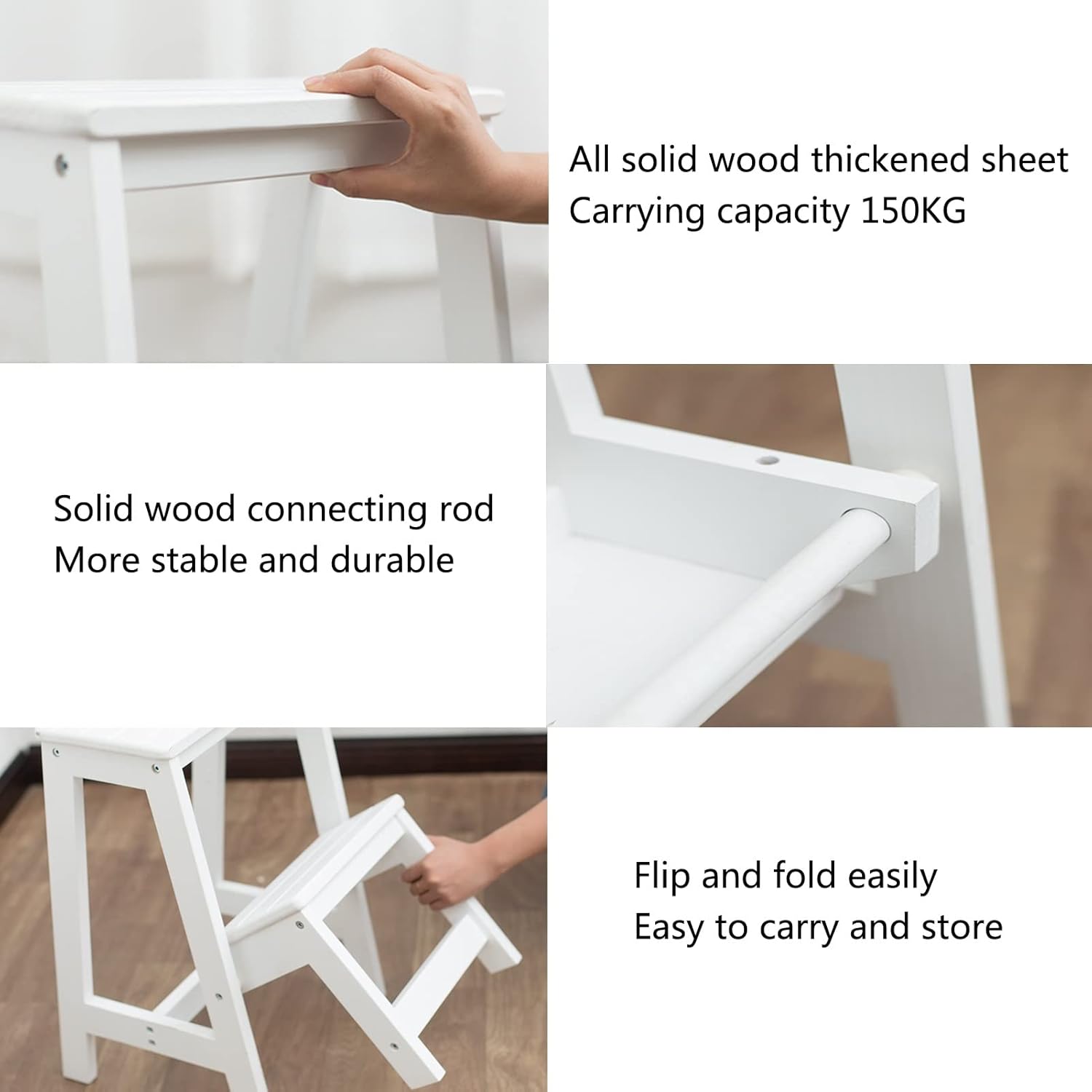 2-Step Ladder Stool, Folding Solid Wood Step Stool for Balcony Farm, Convertible Portable Home Storage Shelf Tool Ladder, High 55CM (Color : Walnut Color)