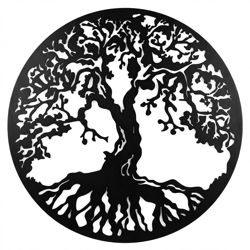 Baum des Lebens Wanddeko aus Metall – Schwarze Stahl-Wandkunst, 90 cm Rund, Indoor & Outdoor