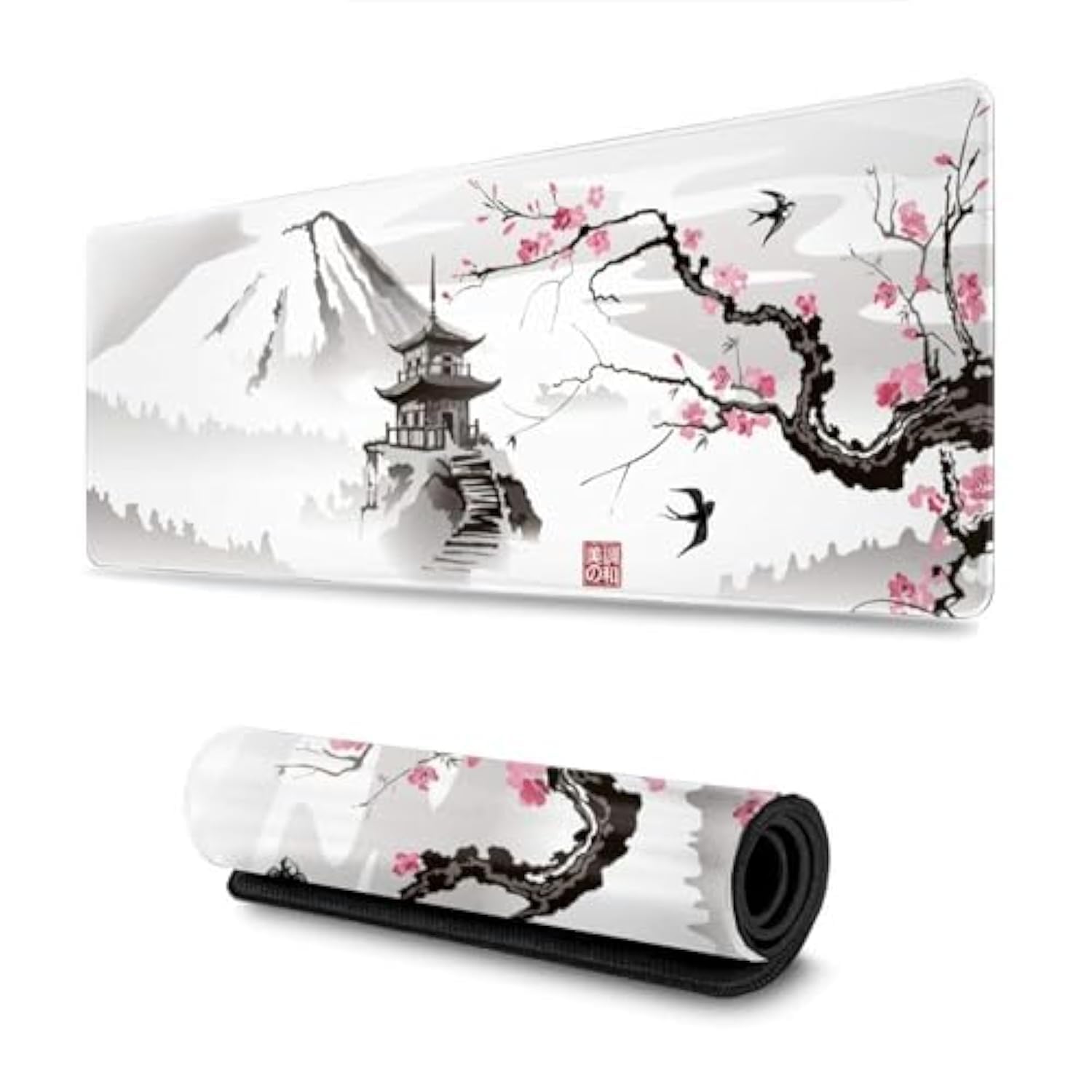 Gaming XL Japanese Pagoda and Cherry Blossom Branch Mouse Pad - Oversized Desk Mat With Stitched Edges, Long Non-Slip Rubber Base, 80x30cm Acrylic