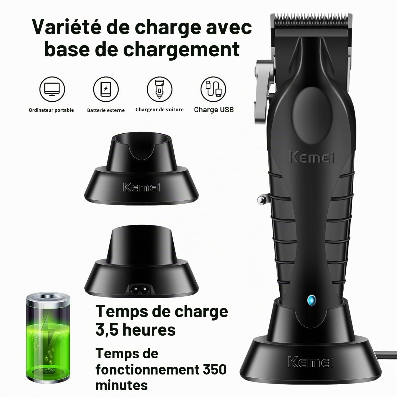 KEMEI 2296 Tondeuse à cheveux professionnelle sans fil, rechargeable USB, jusqu'à 350 min d'utilisation, 8 peignes de guidage