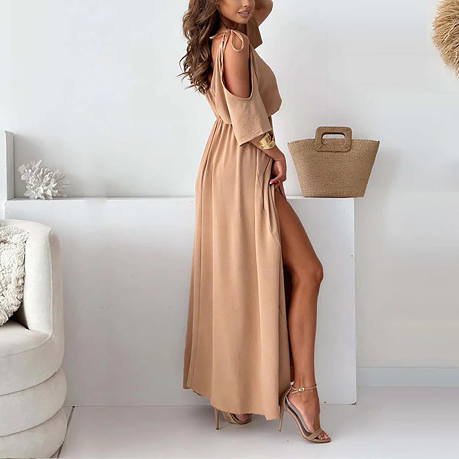 Elegancka, seksowna sukienka z dekoltem w serek z rozcięciem bocznym dla kobiet, sukienka maxi z głębokim dekoltem w serek, seksowna sukienka z rozcięciami po bokach na długie sukienki