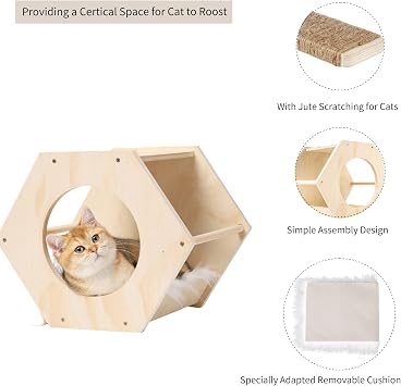 KATRIS Cat Shelves with 3 Steps Scratcher Post & Hammock, Wall Mounted Climbing Shelf for Indoor Cats (Wood)