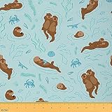 Kawaii Otter Fabric by The Yard,Cartoon Animals Graffiti DIY Art Waterproof Fabric,Hand Draw Crab Shrimp Conch Outdoor Fabric,Summer Seaside Theme Upholstery Fabric,1 Yard,36' L x 59' W