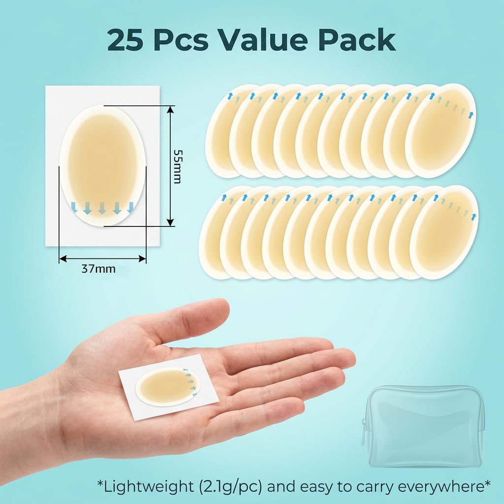 Apósitos de Gel para Ampollas [25 Piezas] - Parches Hidrocoloides para Talones y Pies Diseño Elipse 37x55mm Protección Impermeable contra Roces Invisible Beige