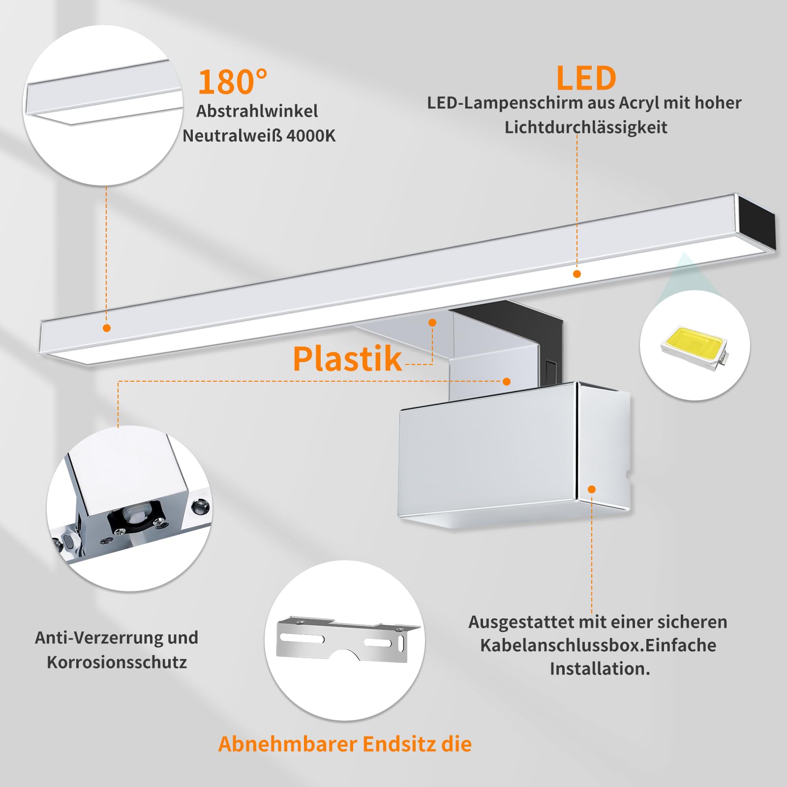 42 LED Chromé Lampe Miroir Salle de Bain, 8W 45CM 480LM ABS Lampe Miroir Étanche, Lumiere Murale Maquillage Salle de Bain 4000K IP44 Vanité Éclairage