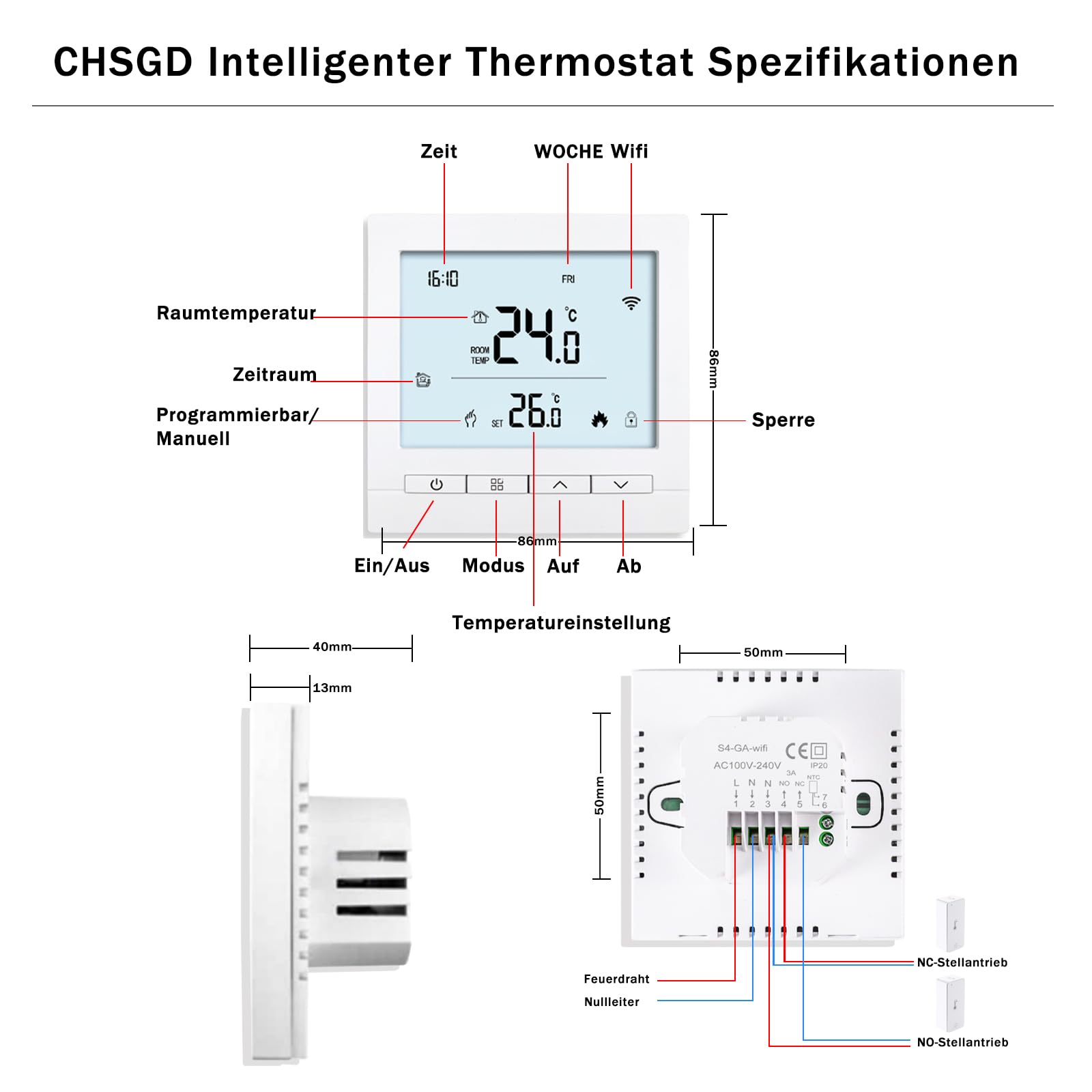 Termostato conectado WiFi Termostato de ambiente inteligente programable Calefacción por suelo eléctrico Termostatos Radiador eléctrico inalámbrico Tuya, con teclado para Alexa, Google Home,16 A