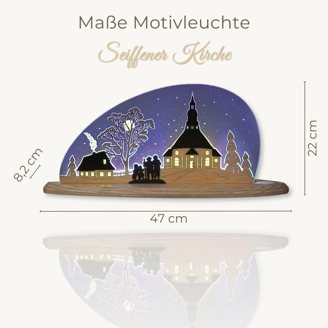 weigla - Schwibbogen original Erzgebirge I Motiv Seiffener Kirche I Dekoleuchte I LED-Lichterbogen I Größe 47 x 22 x 8,2 cm I Inklusive Beleuchtung I Weihnachtsdeko innen I aus Holz & Acryl