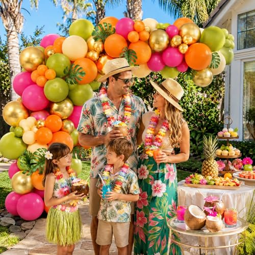 Image of Tropical Hawaiian Balloons Arch Garland Kit, Olive Green Hot Pink Orange Yellow Metallic Gold Balloons for Kids Hawaii Summer Beach Luau Aloha Pool Birthday Flamingo Theme Baby Shower Party Decoration