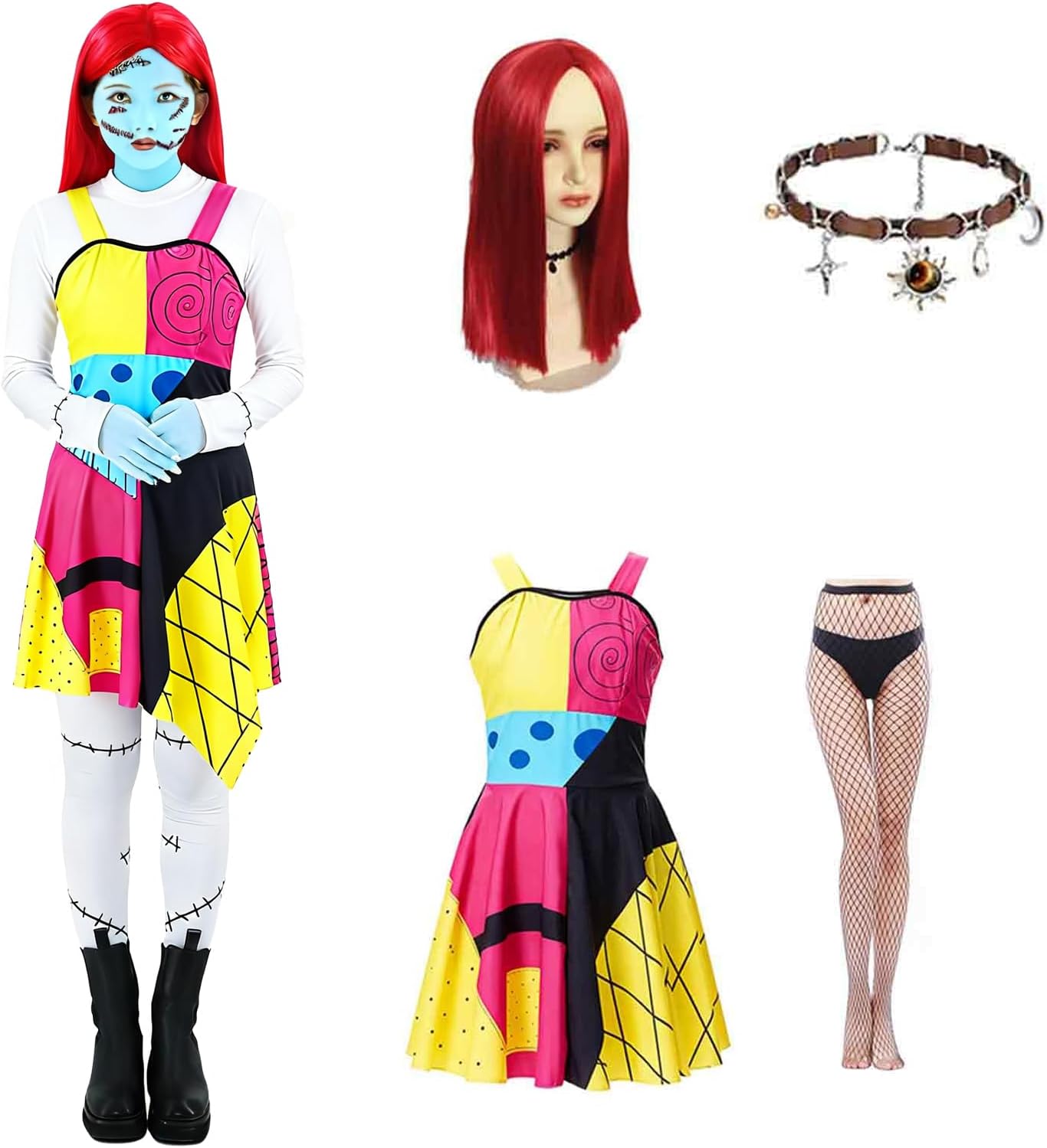 Halloween Costume Women Christmas Dresses Halloween Cosplay Adult Outfit with Accessory Wig Necklace Tights