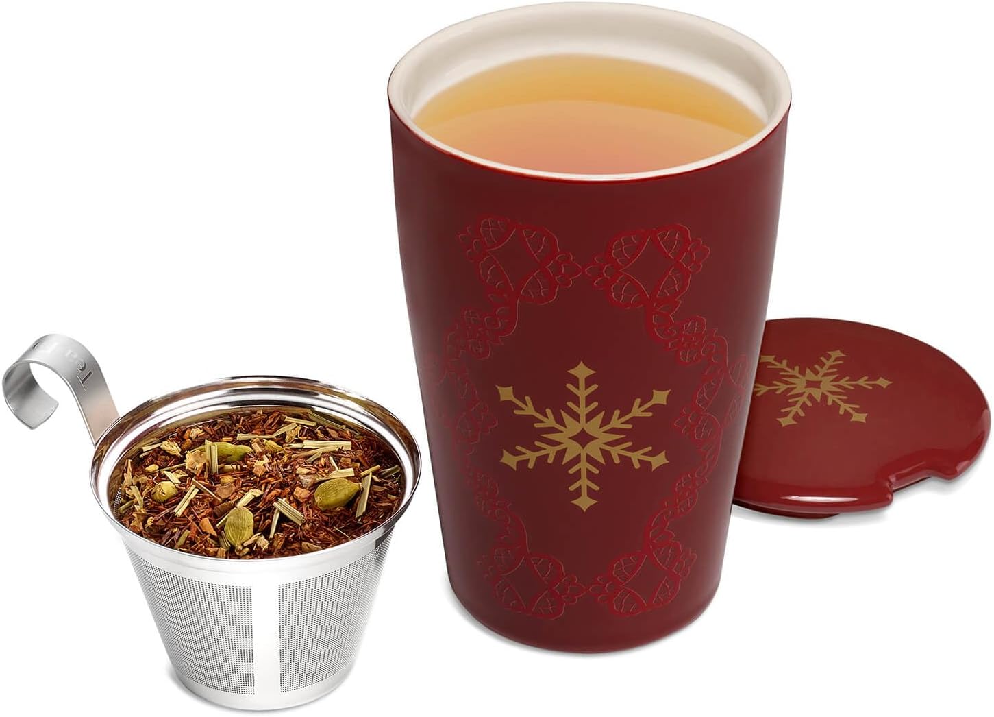 Tea Forte Double-Walled Ceramic Kati Cup, Removable Stainless Steel Infuser Basket and Lid, Steeps 12 oz Loose Leaf Tea, Dishwasher & Microwave Safe, Warming Joy - Image 4
