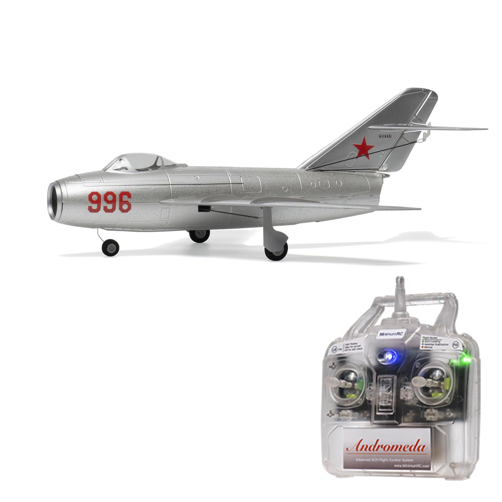 MinimumRC MiG-15 Micro EDF - Aereo radiocomandato a 4 canali, 2,4 GHz, giroscopico stabilizzato da 30 mm, aereo aerodinamico con telaio rimovibile, motore brushless, gas sinistro, 4 batterie