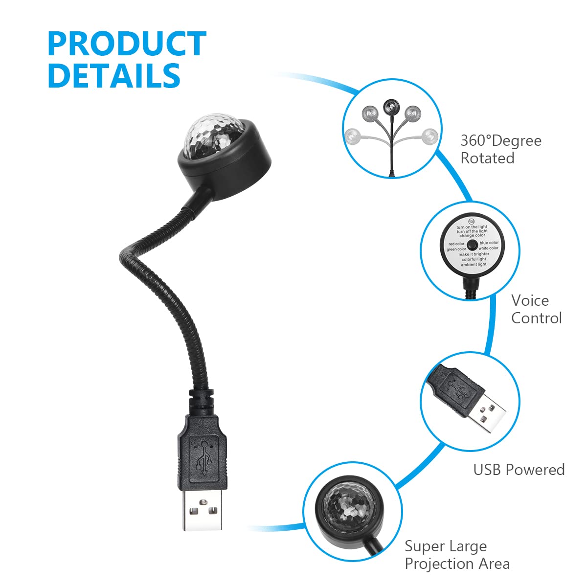 URAQT Kleurrijke LED Auto-interieur Ambient Sfeerverlichting, 4 Kleuren 9 Functiemodel Spraakbesturing USB-verlichting, Plug-in Dak Sterrenhemel Licht Voor Date, Feest en Meer