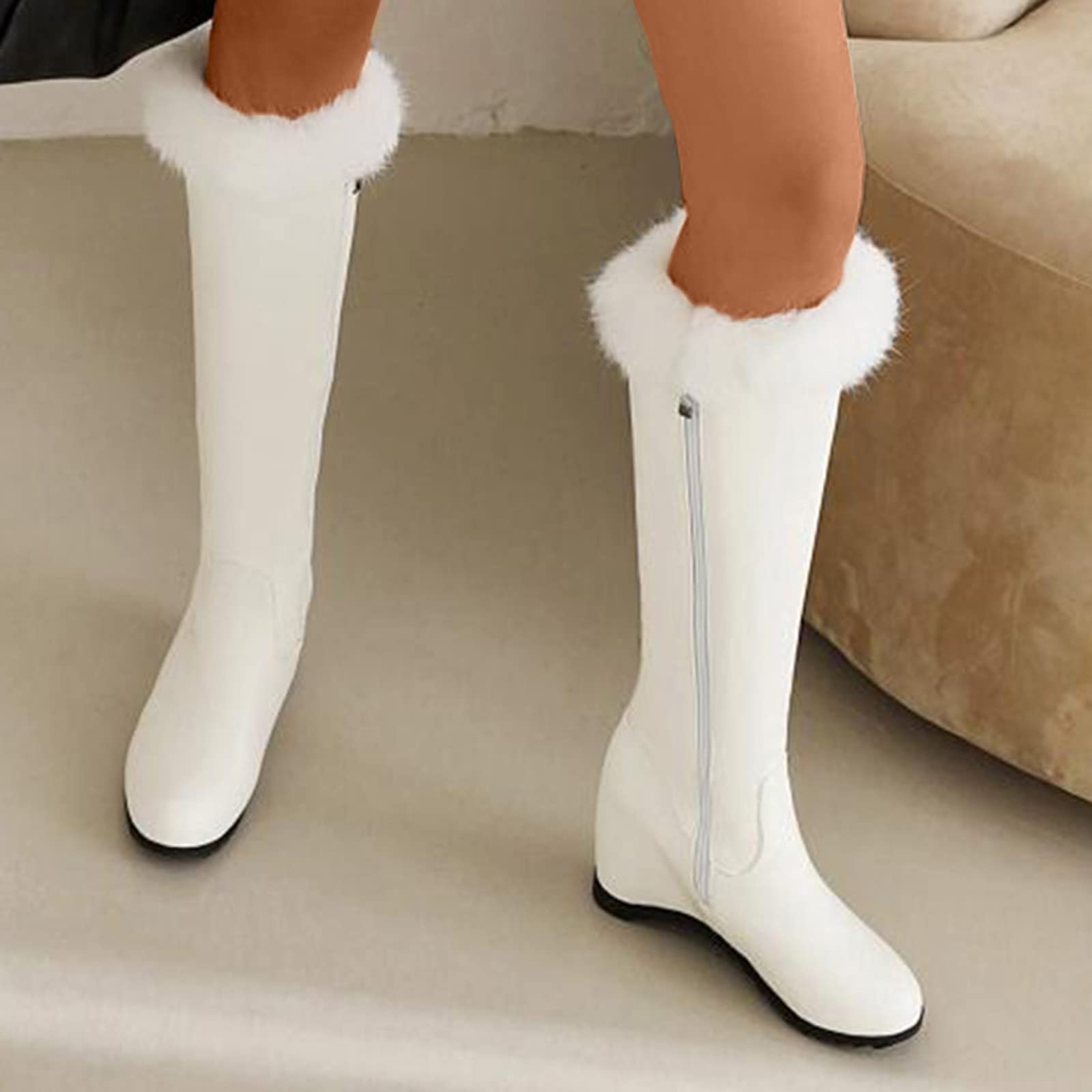 Scarpe Impermeabili Bambina 2026 Cerniera Laterale In Peluche Pelle Tinta Unita Moda Donna All'Interno Stivali Lunghi Cotone con Tacco A Zeppa Anfibi Neri Scarpa Invernale