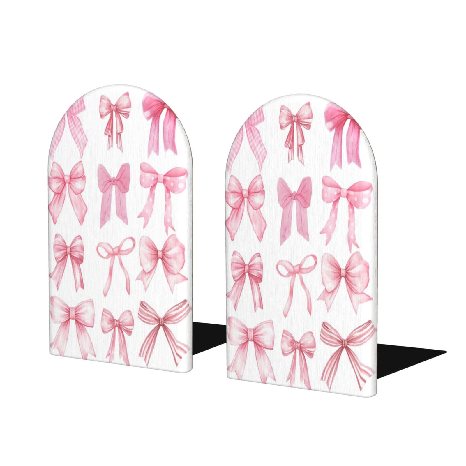 Woshuwo Khaki Set Of Pink Bows Watercolor Bookends For Shelves 2 Pcs Wooden Book Stopper Organizer For Home Office Libraries