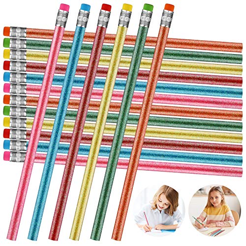 30 Pieces Metallic Glitter Wood Pencils with Top Eraser Glitter Colored Pencils Wooden Bright Pencils for Kids Students Class School