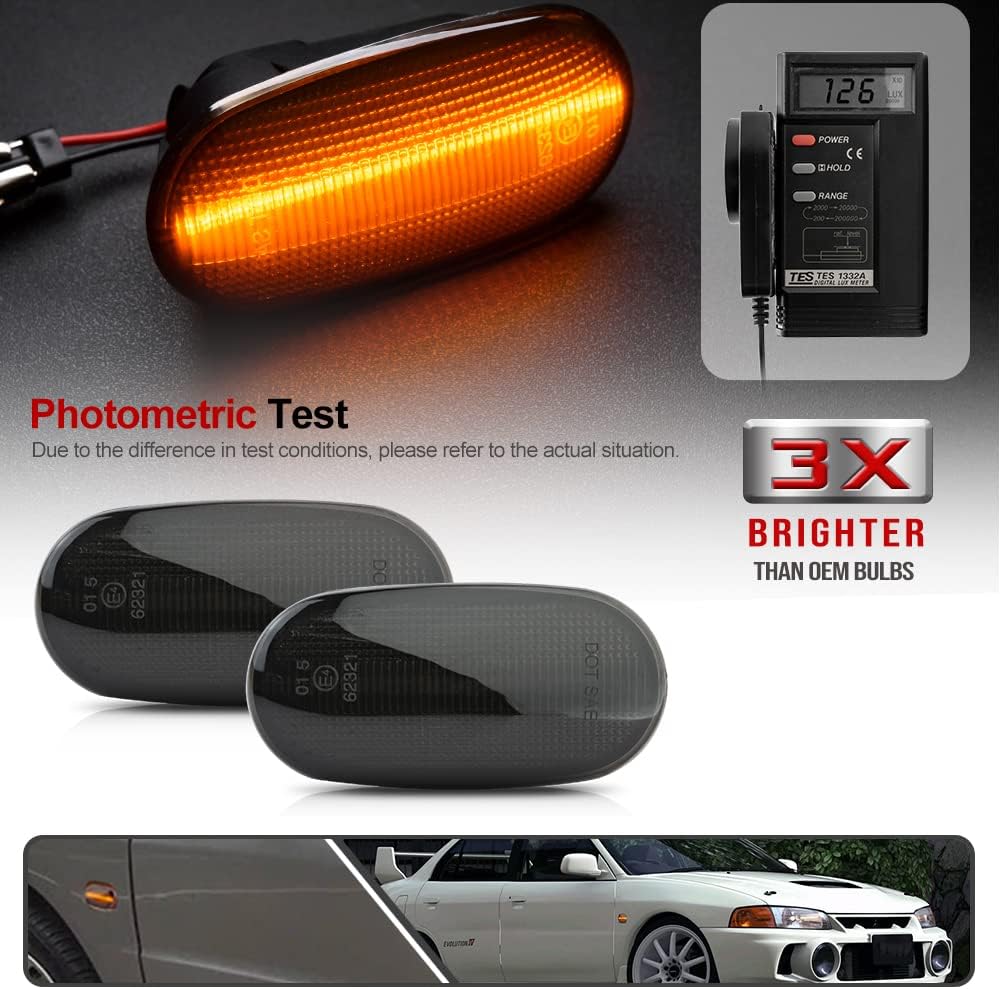 2Pcs Full Amber LED Side Marker Lights for Mitsubishi Lancer Evo 1992-1998 Lancer Estate Coupe Sedan 1992-2000 Front Fender Turn Signal Sidemarker Lamp OEM Replacement Smoked Lens