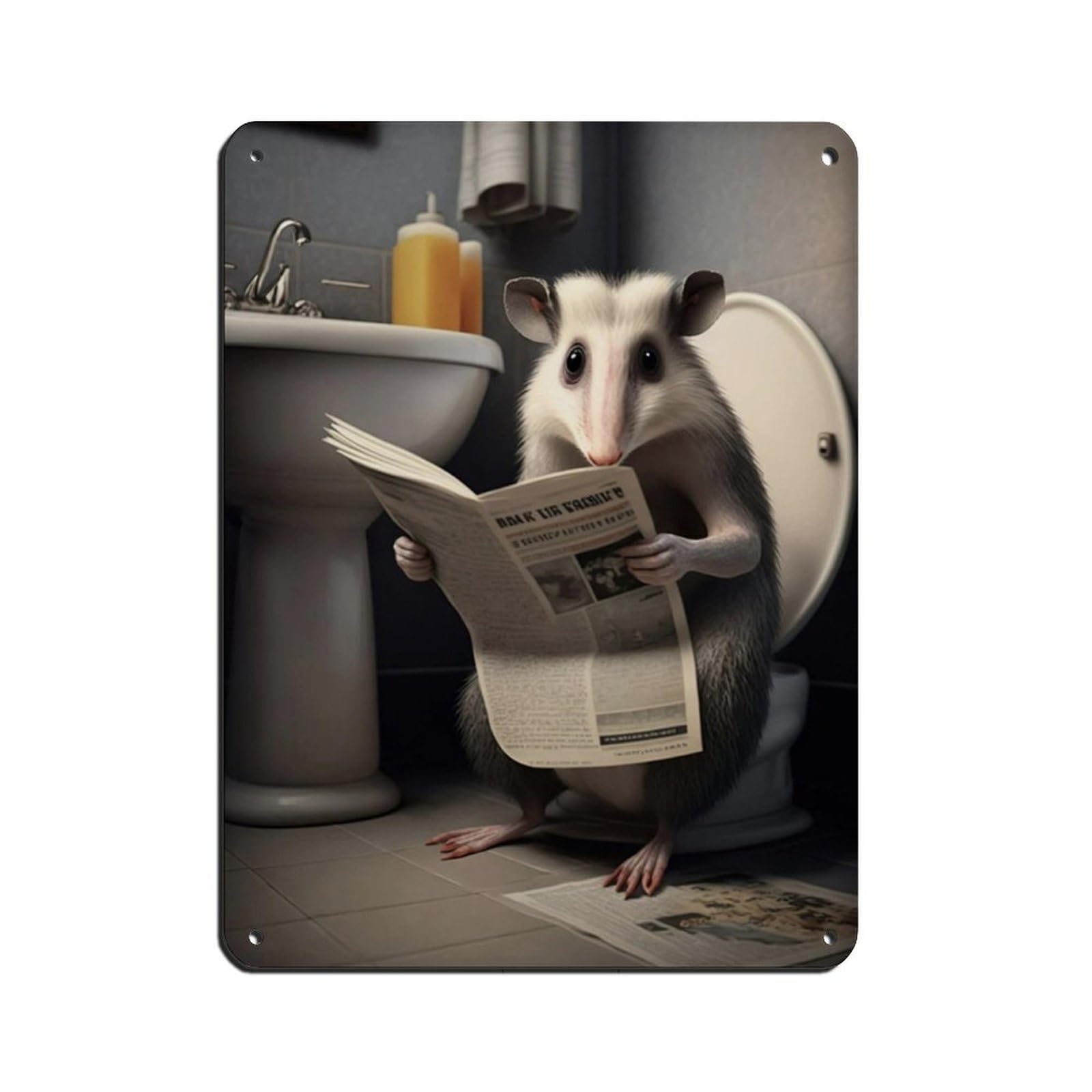 Lxwnze 30L X 40W Cm Opossum Sitting On The Toilet Reading A Newspaper Tin Sign Vintage Metal Pub Club Cafe Bar Home Wall Art Decoration Poster Retro 12X16inch(30X40cm)
