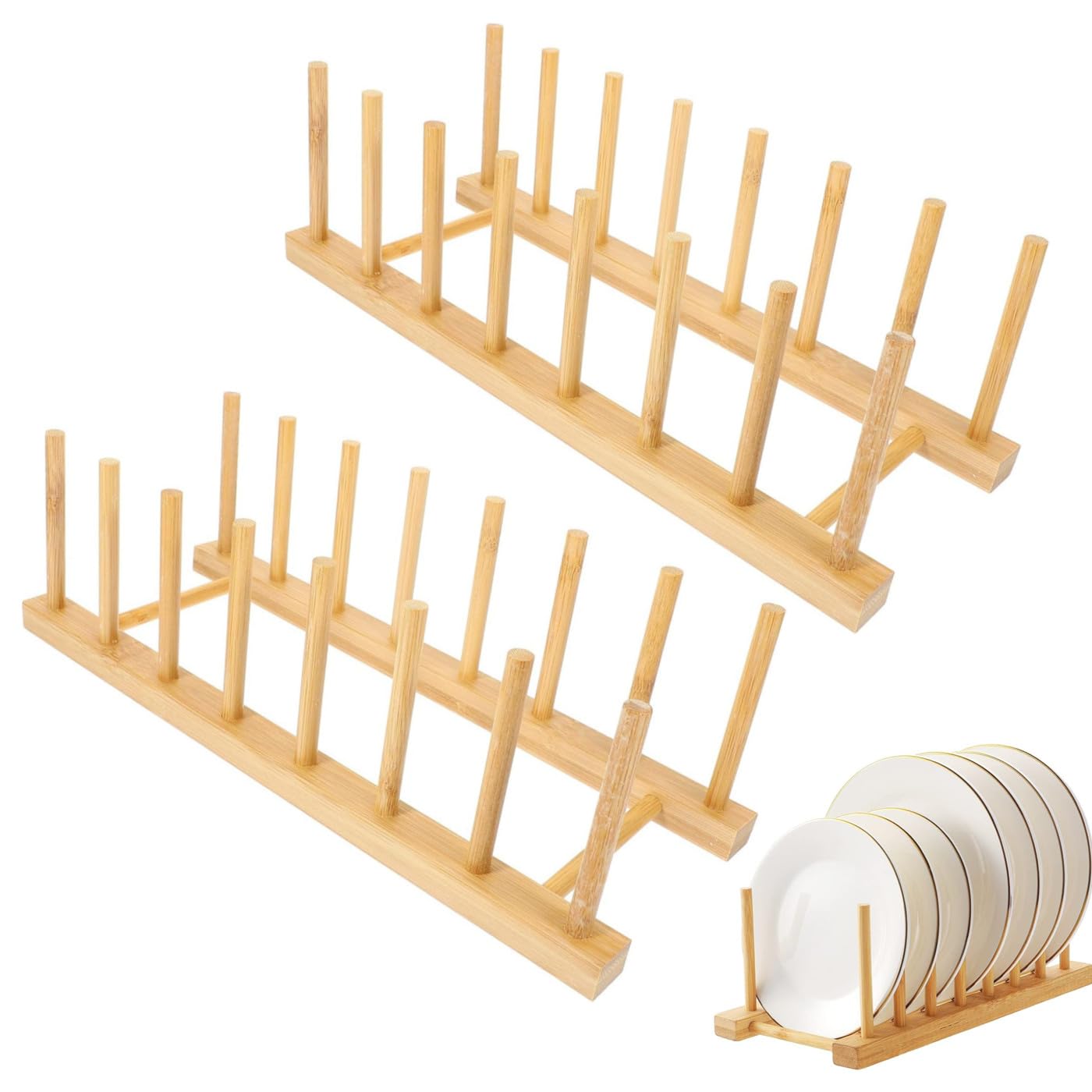 JJiaoLinin Dish Rack, 2 Pack Bamboo Cupboards Dish Rack, Pot Lid Holder, Dish Drying Rack, Bamboo Plate Holder Organizers for Plates, Bowls, Cups, Pot Lids, Cutting Boards, Books