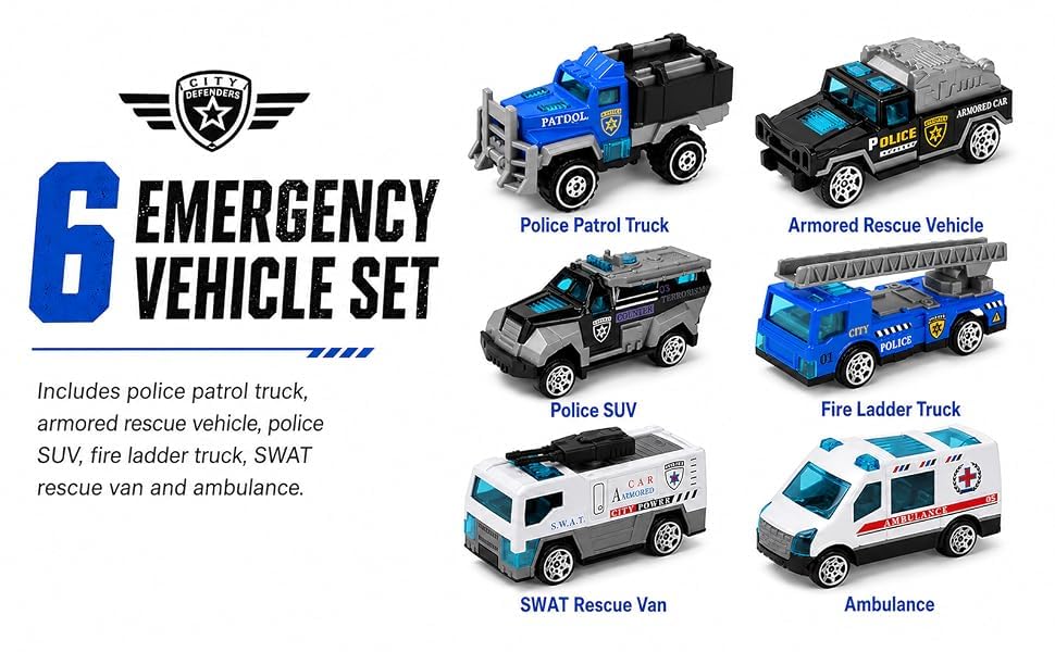Image of City Defenders Emergency Rescue Vehicle Toy Set for Kids - 6 PCS Free Wheel Police, Fire Truck, SWAT, Armored Vehicle & Ambulance Mini Die Cast Style Toy Cars for Boys & Girls